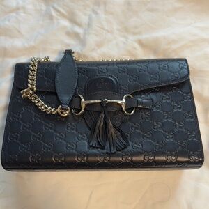 Gucci Medium Emily Embossed Black Leather Shoulder Bag